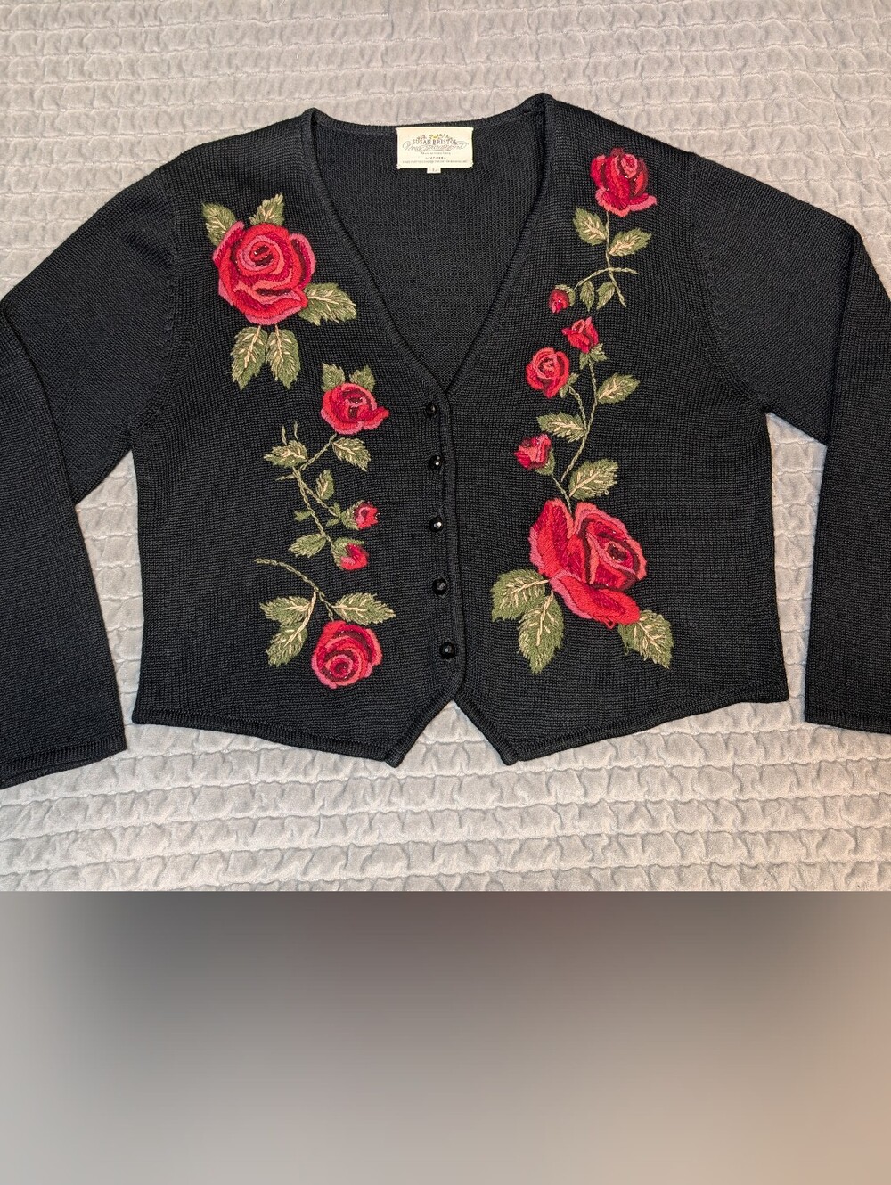 Vintage Susan Bristol Sz LG Cardigan Sweater Black Red Roses Embroidered Grandma